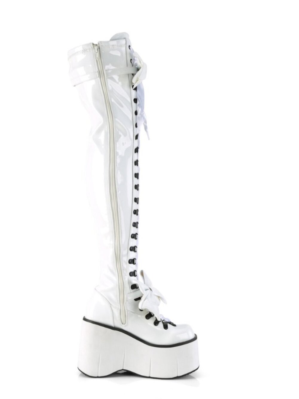 Wht Stretch Patent Thigh-High Boots with Adjustable Straps & Removable Bows